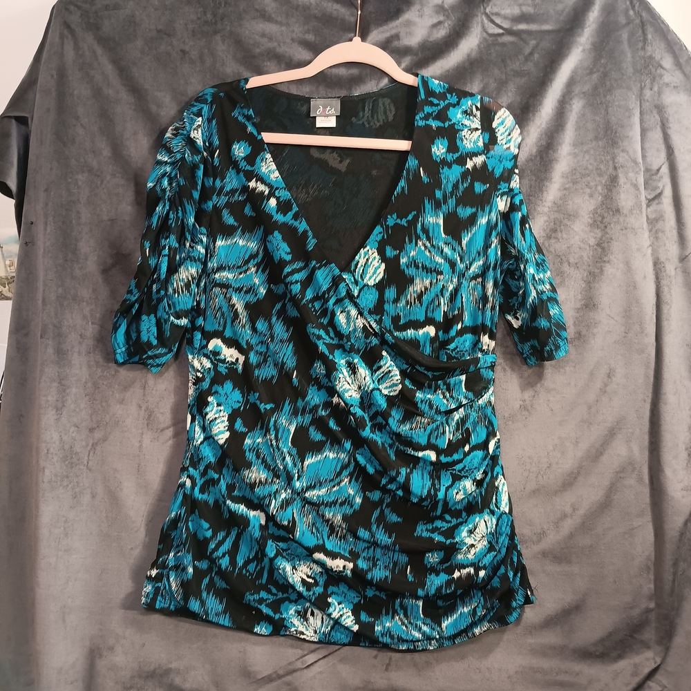 Dots Elegant Blue Floral Faux Wrap Women's Top. Easy Care!